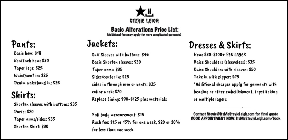 list of prices for basic alterations at the tailor shop at stevie leigh in worcester, massachusetts