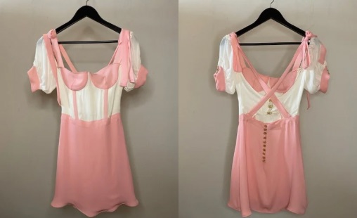 custom made pink and white cottagecore style mini dress designed and created by fashionndesigner stevie leigh in austin, texas