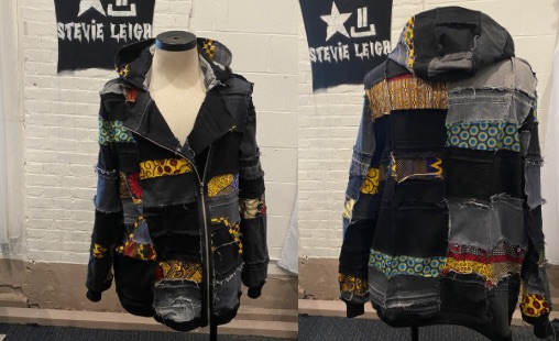 custom made upcycled denim jacket with patchwork designed and sewed by stevie leigh