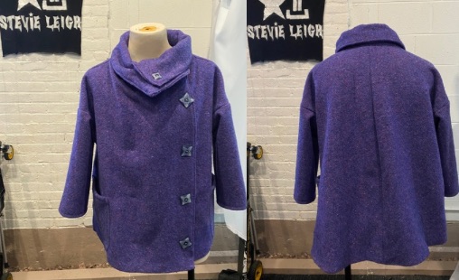 custom made bespoke purple wool coocoon coat created by fashion designer stevie leigh