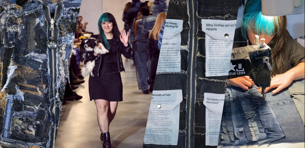 Stevie Leigh andrascik collage image of the fashion designer at work, on the runway with her dog and close up images of unique upcycled denim art