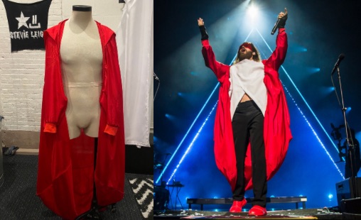 custom designed red bubble cape for Jared Leto of thirty seconds to mars designed and made by Stevie Leigh Andrascik