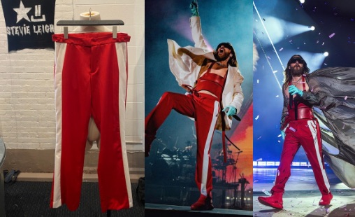 custom designed blue bubble cape and wool trousers for Jared Leto of 30 seconds to mars designed and made by Stevie Leigh