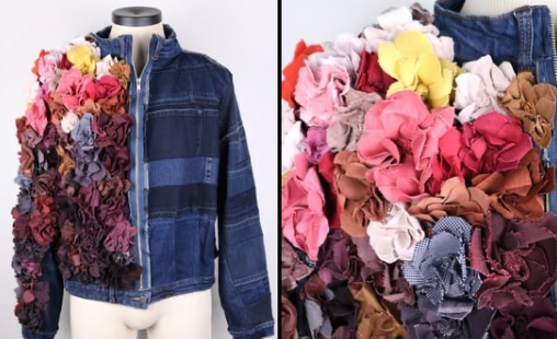 upcycled denim jacket with flowers made from denim scraps created by fashion artist stevie leigh andrascik