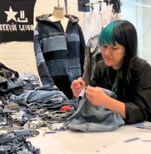 fashion designer stevie leigh upcycling denim into a one of a kind garment