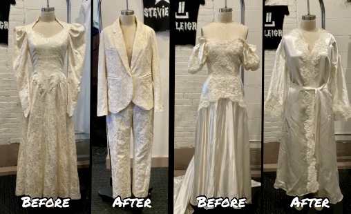 mother's wedding dress transformed into wedding suit for queer bride by fashion designer and tailor Stevie Leigh in Denver, Colorado