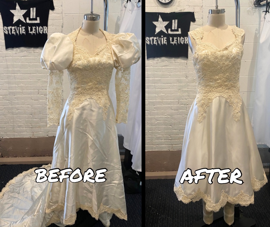 moms wedding dress altered to fit modern daughters wedding by tailor Stevie Leigh in Lakewood, Colorado