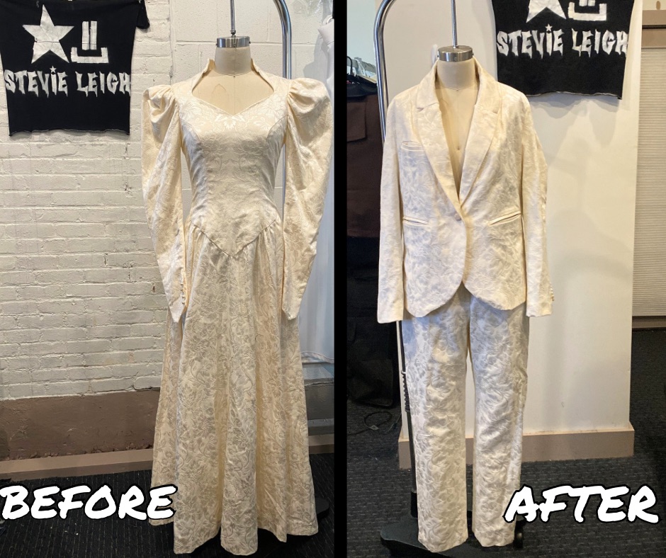 mother's wedding dress transformed into wedding suit for queer bride by fashion designer and tailor Stevie Leigh in Denver, Colorado